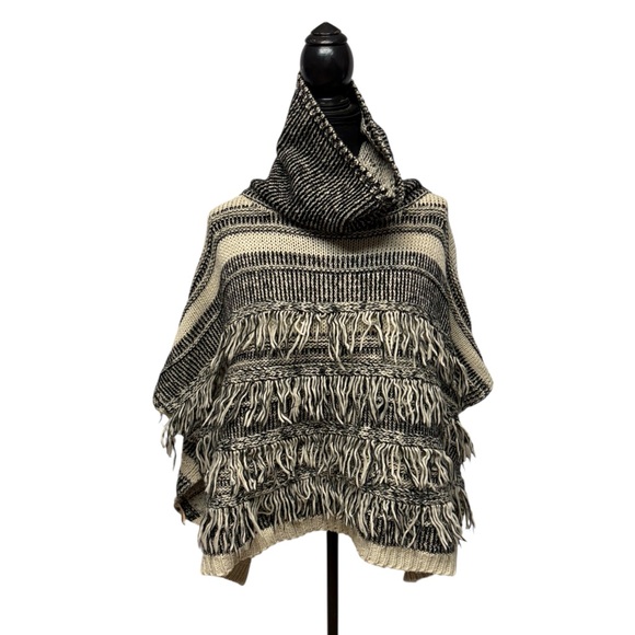 Look By M Sweaters - Look By M Black Cream Fringe Poncho Cowl Neck Sweater OS
